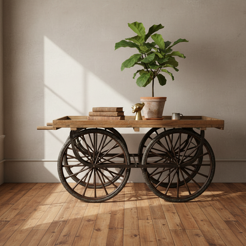 Carretto originale vintage legno e ferro ambientato in loft industriale