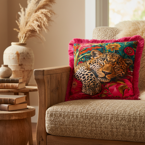 Cuscino Malindi Tigre con Frange Fucsia in ambiente living