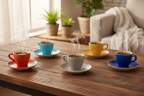 Set tazzine colorate ambientate con caffè