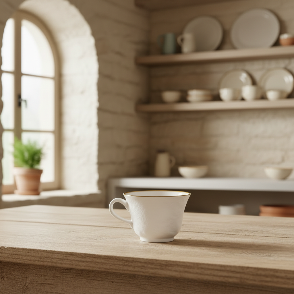 Tazzina in ceramica bianca con bordo dorato, ambientata in cucina mediterranea