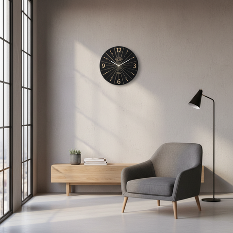 Orologio vintage appeso in ambiente living moderno