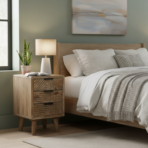 Comodino Leeds in mango con 3 cassetti decorativi ambientato in camera da letto