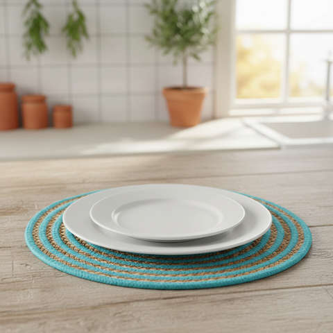 Sottopiatto rotondo iuta turchese ambientato in cucina