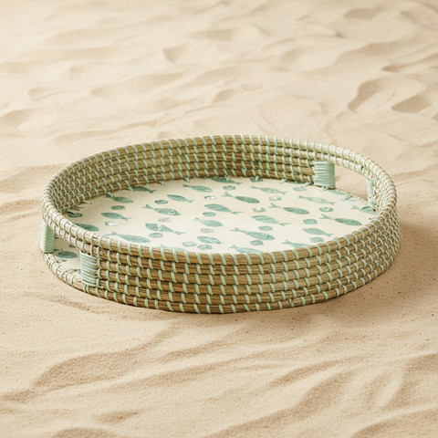 Vassoio rotondo in seagrass con manici e motivo verde menta