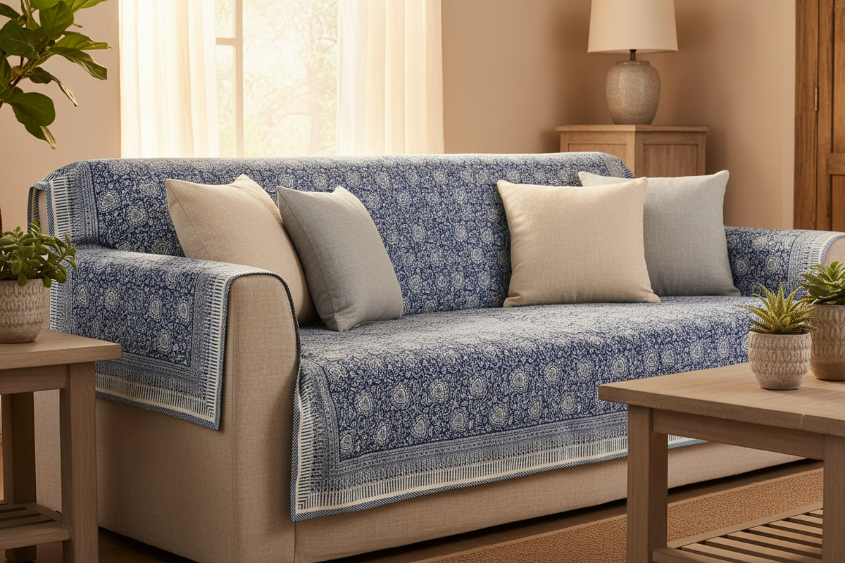 Mezzero blu e bianco come copridivano in soggiorno rustico-contemporaneo