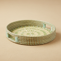 Vassoio rotondo in seagrass con manici e motivo azzurro