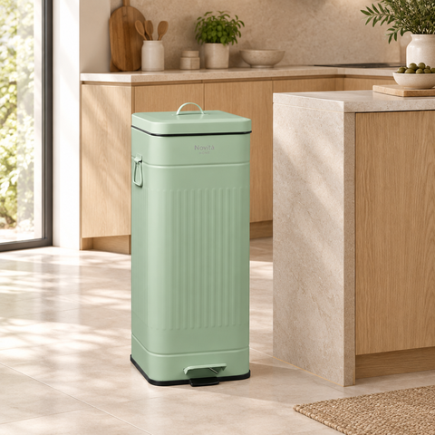 Pattumiera Daily Trash verde salvia da 30 litri in cucina contemporanea