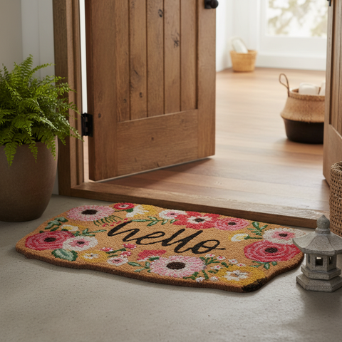 Zerbino Coco Door Mat Hello con Rose all'ingresso
