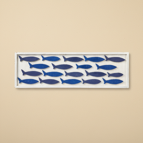 Quadro decorativo con pesci blu in legno su cornice bianca