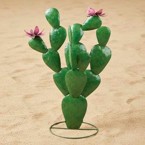 Scultura cactus decorativa in ferro verde con fiori rosa