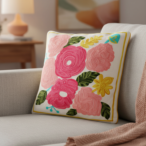 Cuscino Embroidery Bouquet di Rose in primo piano su divano