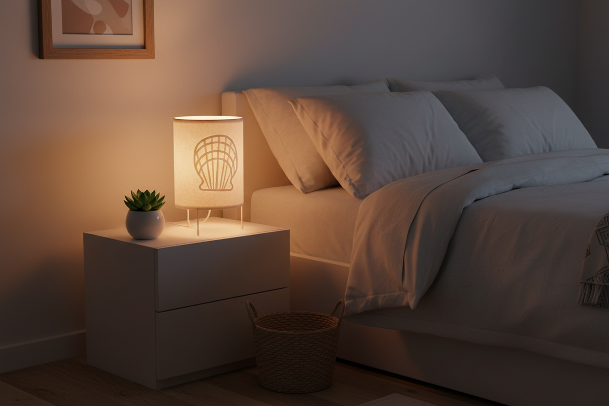 Lampada conchiglia ambientata su comodino in camera da letto con luce accesa