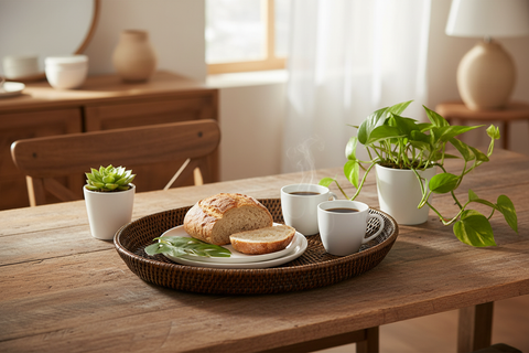 Vassoio ovale Myanmar ambientato su tavola con colazione e ceramiche