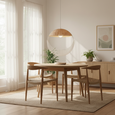 Lampada sospensione rattan e metallo bianco ambientata in soggiorno