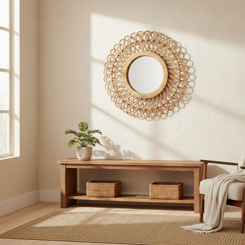 Specchio Kyoto sunburst appeso a parete in ambiente bohemien
