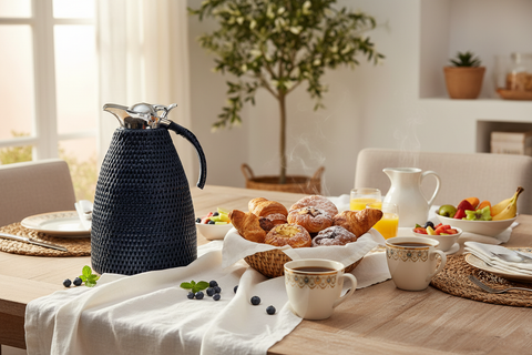 Thermos rattan blu su tavola per colazione elegante