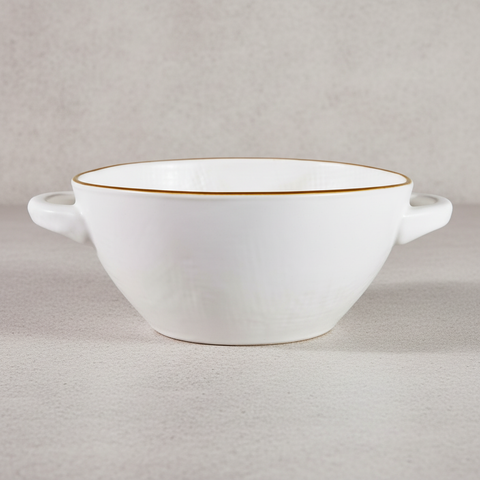 Ciotola bianca con manici e bordo dorato - sfondo grigio