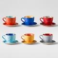 Set 6 tazze con piattino colorate su sfondo grigio con ombra