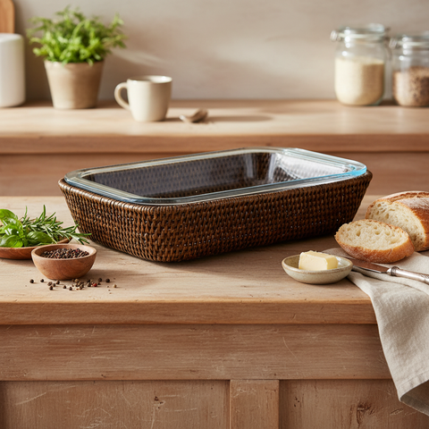 Cesta Myanmar grande in rattan con pyrex in cucina