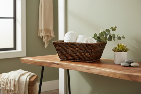 Cestino rettangolare in rattan ambientato in contesto domestico