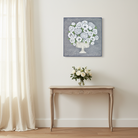 Pannello decorativo floreale 3D con rose e peonie in ambientazione interior design