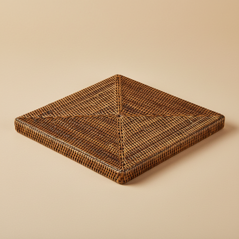 Placemat quadrato in rattan intrecciato 35x35 cm su sfondo beige neutro