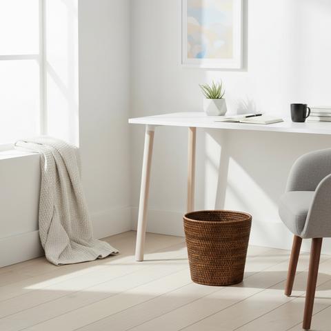 Cestino gettacarte in rattan in ufficio moderno