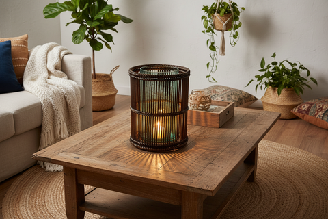 Lanterna rattan con candela accesa che crea atmosfera calda in ambiente rustico