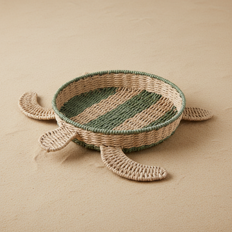 Vassoio La Quiche Lorraine a forma di tartaruga in carta intrecciata beige e verde