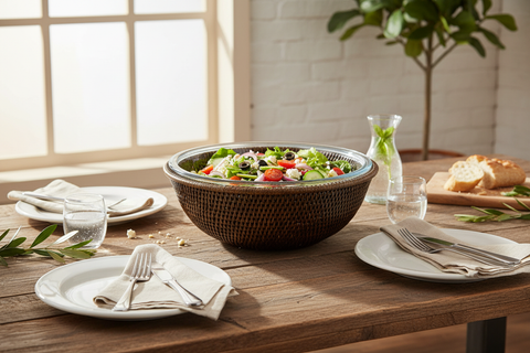 Cesta rattan con pyrex servita in tavola con piatto preparato