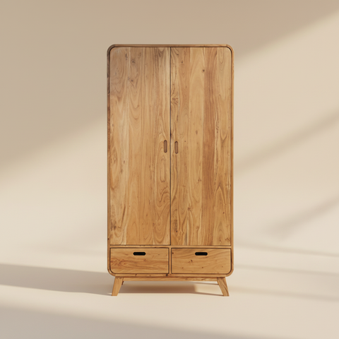 Armadio Leeds in acacia massello 2 ante e 2 cassetti su sfondo beige caldo con ombra
