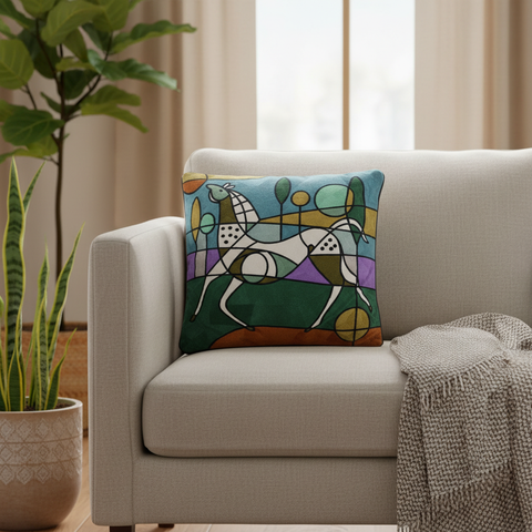 Cuscino Embroidery Cavallo Cubismo su divano in appartamento