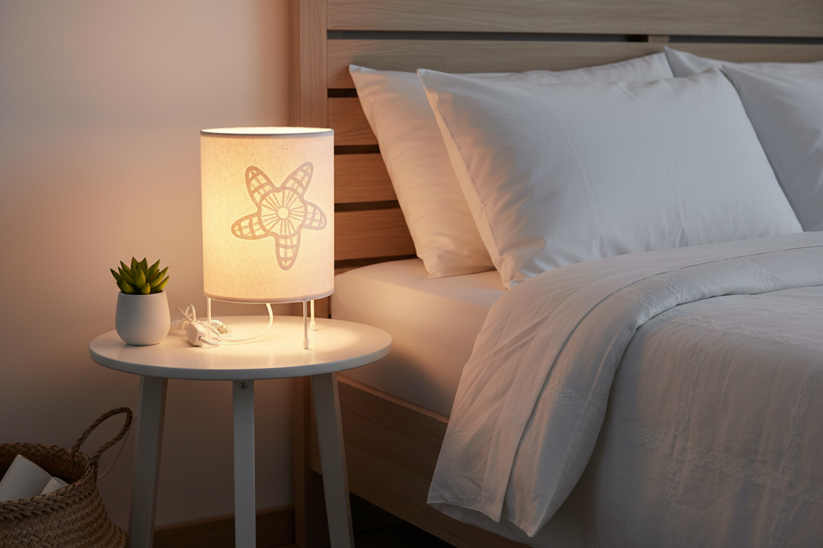 Lampada ape ambientata su comodino in camera da letto con luce accesa