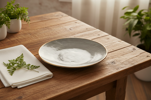 Piatto grigio ambientato su tavola rustica