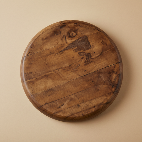 Sottopentola rotondo in legno riciclato su sfondo beige con ombra