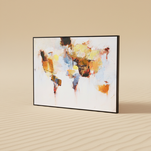 Tela dipinta worldwide mappa mondo con cornice nera su sfondo neutro beige