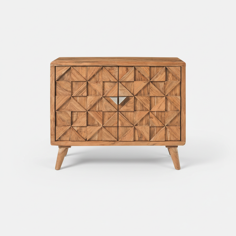 Credenza in legno acacia con ante decorate pattern geometrico a diamante