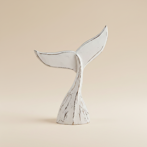 Scultura coda di balena in legno bianco su sfondo beige con ombra