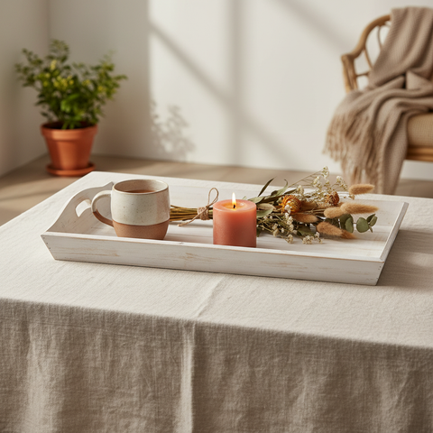 Vassoio rettangolare in legno bianco anticato in ambientazione lifestyle