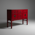 Consolle rossa con cassetti e ante su sfondo grigio