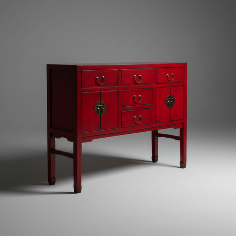 Consolle rossa con cassetti e ante su sfondo grigio