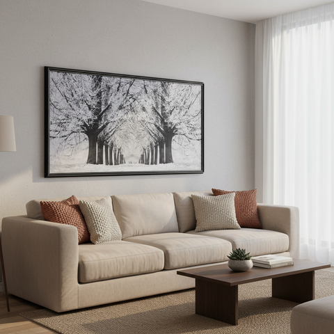 Quadro Gallery sopra divano in soggiorno moderno