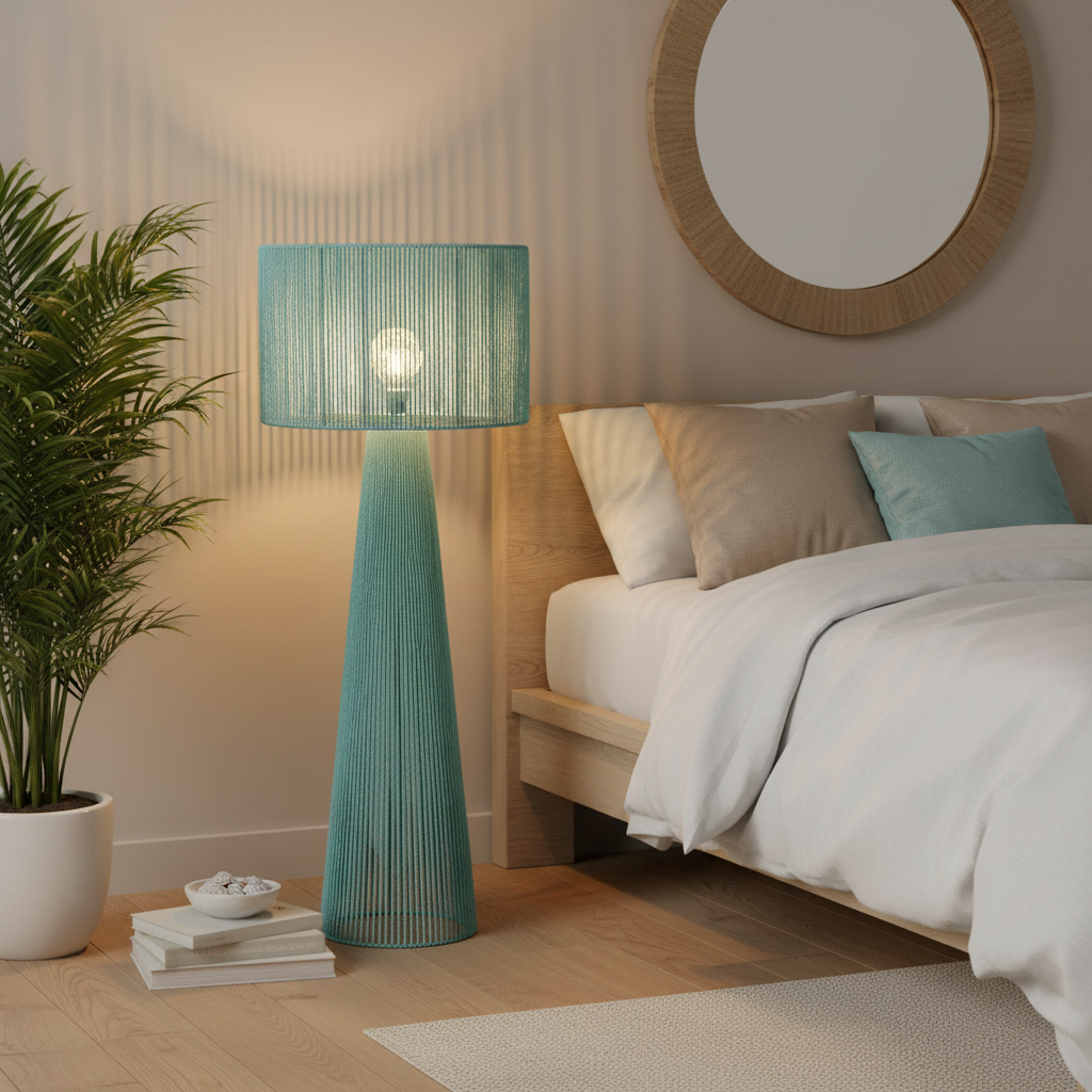 Lampada Cartagena azzurra in ambiente con luce accesa che crea atmosfera