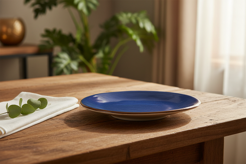 Piatto blu oro ambientato su tavola rustica