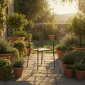 Sedia da esterno in ferro verde con braccioli - ambientazione giardino mediterraneo