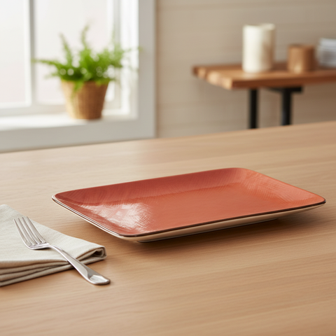 Piatto ceramica terracotta su tavola minimal in casa mediterranea