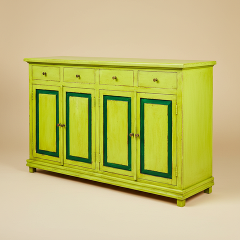 Credenza Greenfield verde lime con 4 cassetti e 4 sportelli, finitura vintage