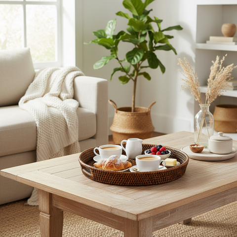 Vassoio tondo in rattan 30cm su tavola con colazione