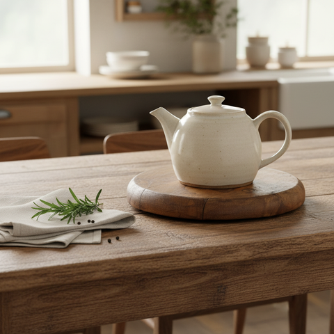 Sottopentola rotondo in legno riciclato ambientato in cucina rustica