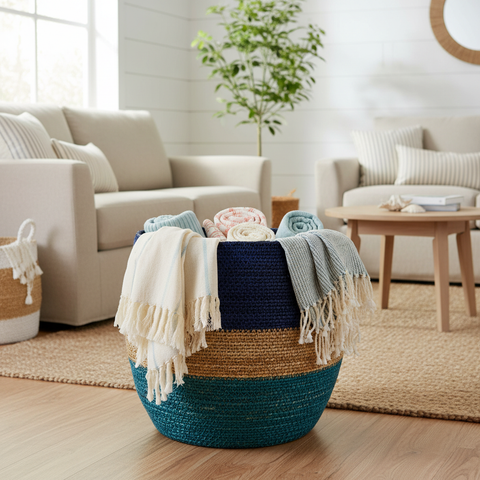 Cesto Hongi tricolore in ambiente living costiero